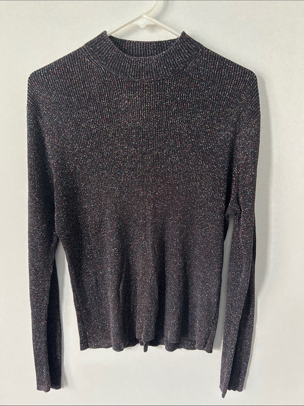 Woman’s AUGUST SILK Multi color Sparkle Rib-Knit Mock Neck SILK Sweater - Black